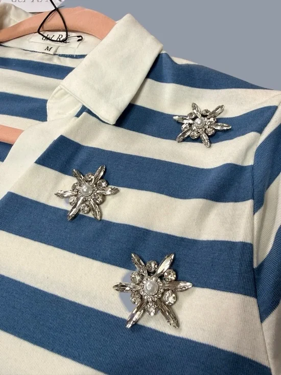 Del Rā Embellished Striped Polo Top Blue White Size M - Picture 6 of 8